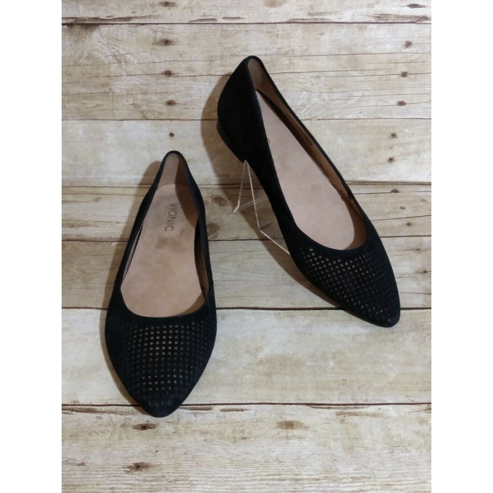 Vionic Black Suede Posey Flat Perforated Sz10